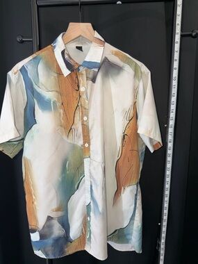ROMWE Abstract Watercolor Short-Sleeve Shirt - White, Blue & Brown